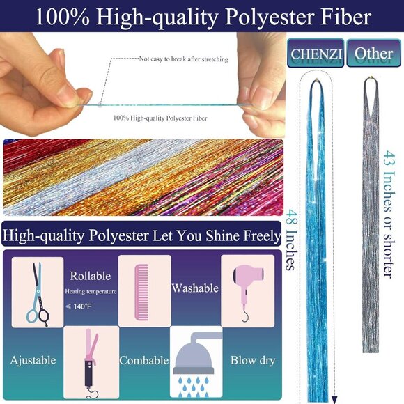 22 Colors 7700 Strands Hair Tinsel Kit, 48 Inch Glitter Tinsel Hair Extensions f - Picture 4 of 6